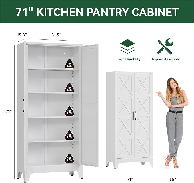 Bevivog 71" Tall Pantry Cabinet Farmhouse, Metal Storage Cabinet with 2 Doors and 4 Adjustable Shelves, Freestanding Tall Food Pantry Cabinet Storage for Kitchen, Home Office, Living Room, Laundry