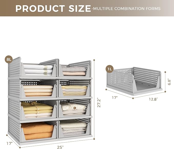 Pinkpum 8 Pack Closet Organizer Storage Bins Stackable Plastic Drawer Shelf | Basket for Clothing Stackable Storage Bins Shelf Storage Container for Closet Wardrobe Bedroom Bathroom Office Grey Foldable