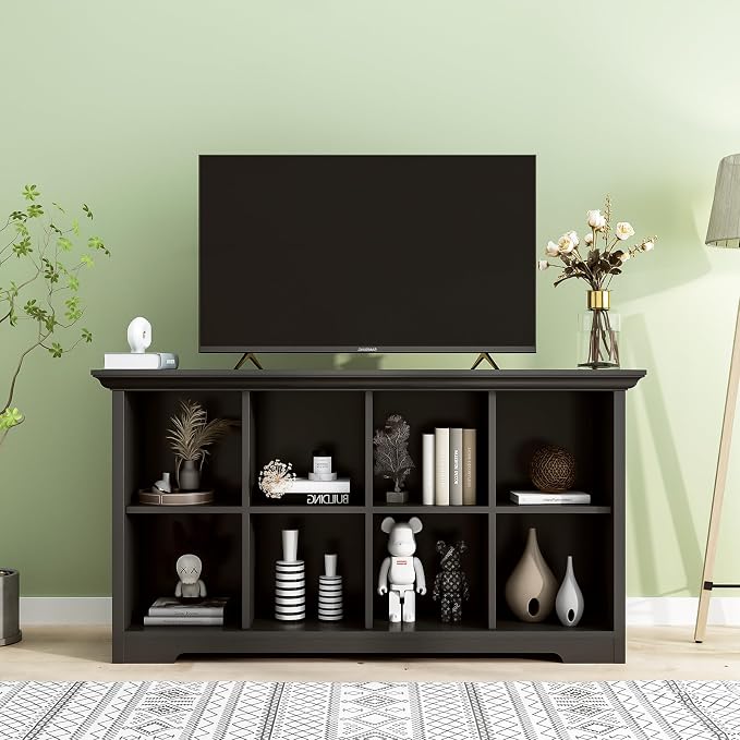OSCHF 8-Cube Open Bookcase with Base, 2-Tier Low Cabinet, Black | Curved Base, Crown Molding, Fits 11×11" Bins, Modern Bookshelf for Living Room, Bedroom, Home Office, TV Stand Storage