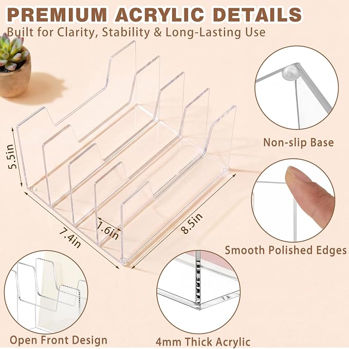 4 Section Clear Acrylic Desktop File Organizer Vertical File Sorter 4mm Thick, Large Capacity Upright Magazine Organizer, Book Paper, Notebooks, Envelopes, Mail Holder