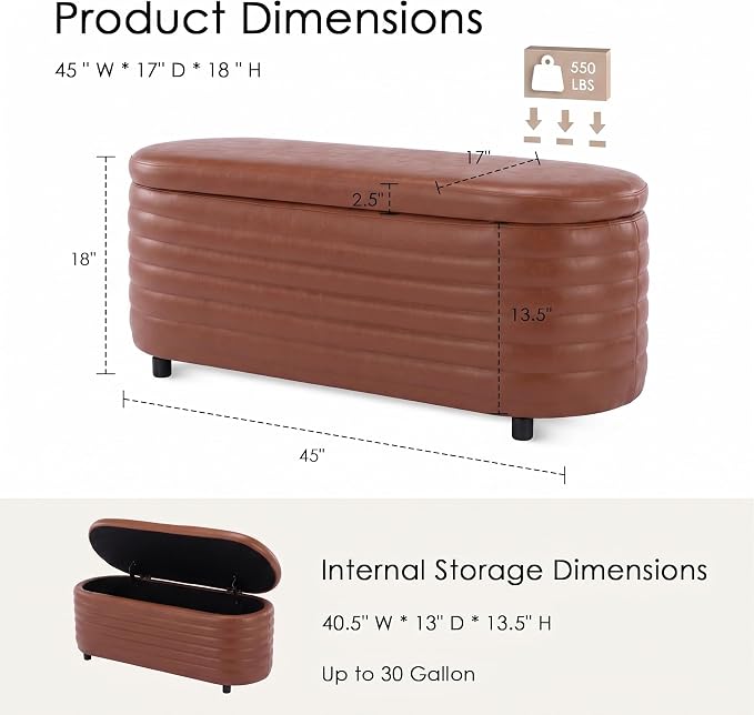 Storage Ottoman Bench Upholstered PU Leather End of Bed Stool with Safety Hinge for Bedroom, Living Room, Entryway (45.5-inch, Brown)
