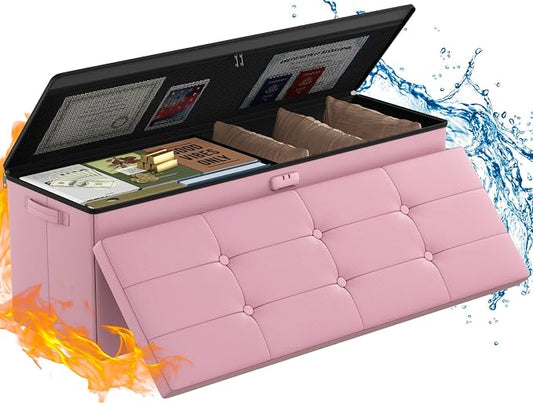 ENGPOW Storage Ottoman, Fireproof Folding Bench with Lock(15”x 43”x15”), Water-Resistant ＆ Heat Insulation Large Storage Chest with Handles＆2 Extra Spaces Safe for Living Room, Bedroom, Home, Pink