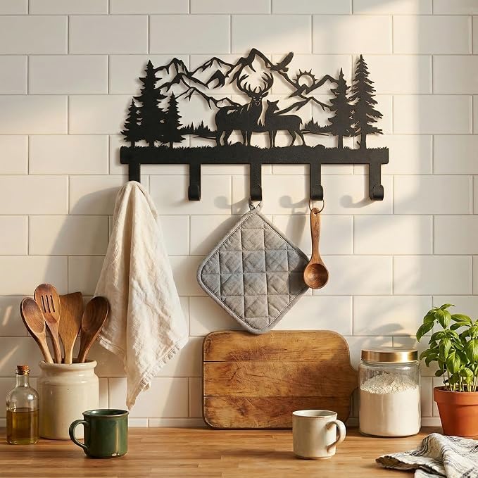 Deer Mountain Metal Key Holder Wall Mount Key Holder for Wall Rustic Cabin Decor Key Rack Hooks Hanger Woodland Wildlife Wall Art Entryway Organizer Housewarming Hunting Gifts
