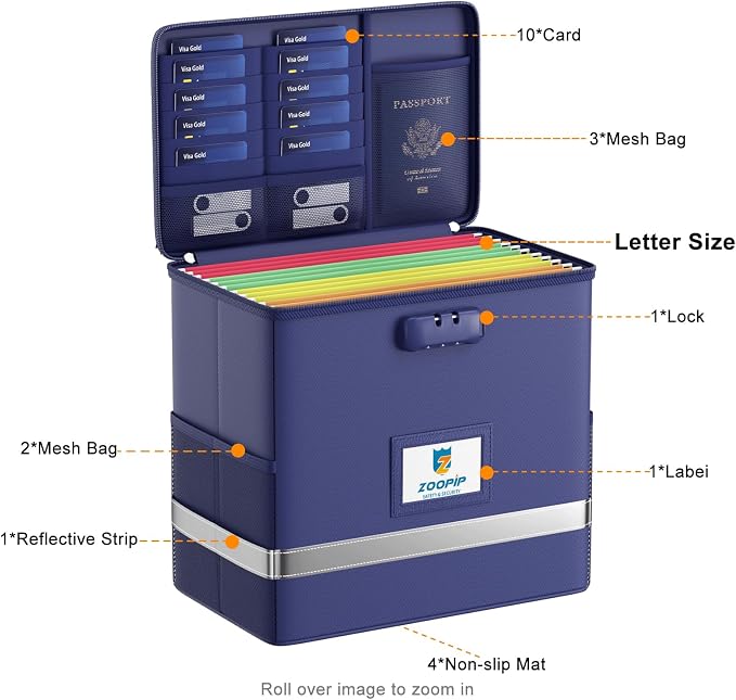 Fireproof File Box with Lock, Collapsible Document Organizer, Blue | Suitable for Hanging Folders in Letter Size, Reflective Strip for Fast Find, Home Office Safe Protection,12.2"x6"x10.2"