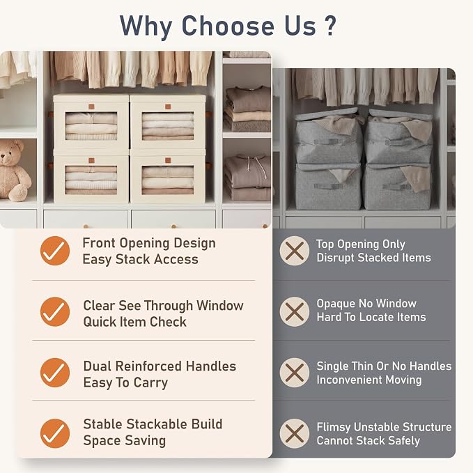 DIMJ Storage Bins with Lids - 5 Pack Front Opening Stackable Fabric Storage Boxes with Clear Window & Handles, Collapsible Closet Organizers for Clothes, Sweaters, Shelf Storage, Bedroom, Beige