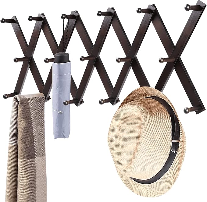 Accordion Wall Hanger, Hat Hangers Wall Mounted, Wood Accordian Coat Rack with 17 Hooks, Expandable Peg Rack Wall Organizer for Hanging Baseball Caps, Hats, Purse, Coffee Cup, Bag, Walnut
