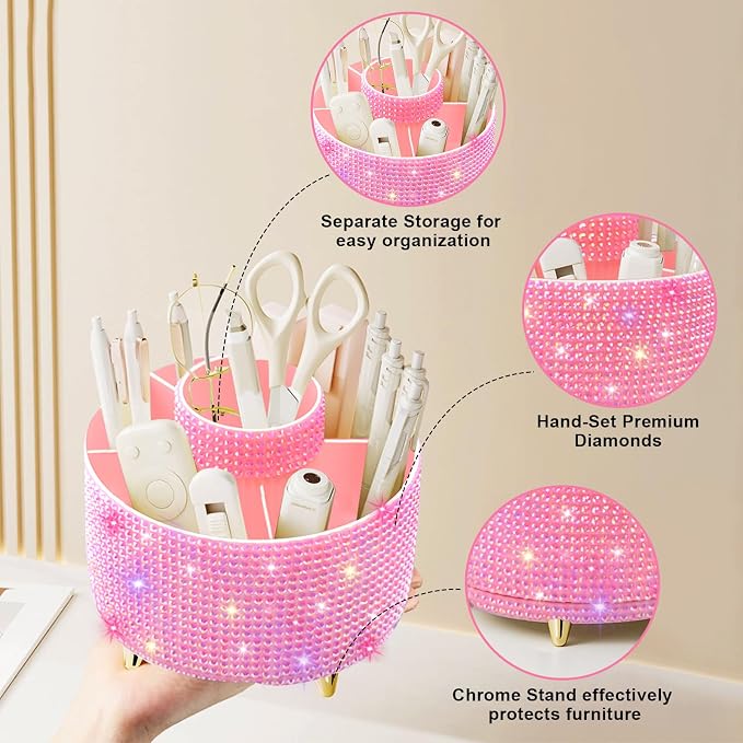 Diesisa Bling Diamond 360° Makeup Brush Holder Organizer, Rotating Makeup Brush Organizer,5 Slot Make up Brushes Cup for Cosmetics, Vanity Desktop Organizer, Gift for Women Teen Girls- Diamond Pink