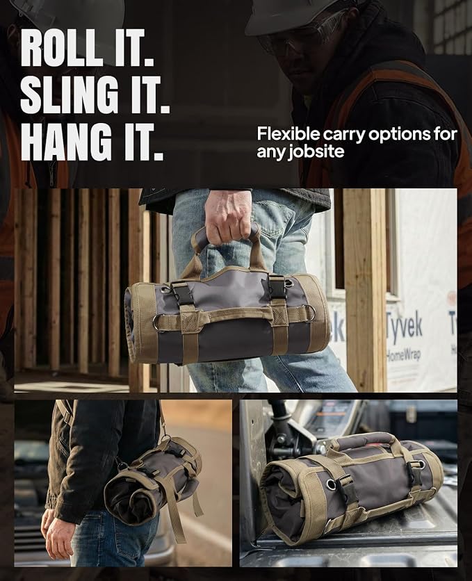 Tool Roll Up Bag, 1680D Heavy Duty Tool Bag Organizer with 2 Detachable Tool Pouches & Multiple Pockets, Waterproof Motorcycle Tool Roll for Mechanic & Electrician, Gift for Men Him Dad, 21.9"*13.8"