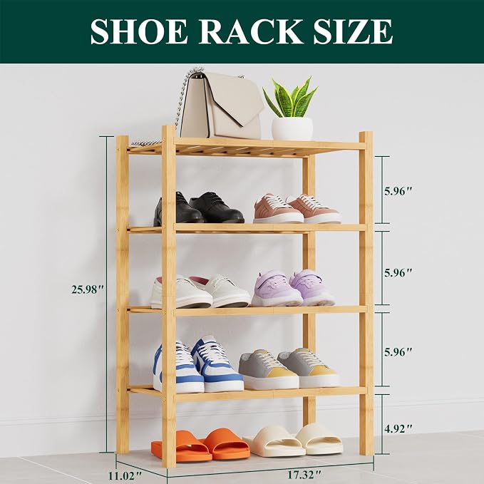 Smiry Bamboo Shoe Rack, 14 Vertical Slats, 4 Tier - 17.3" Wide, Natural | Stackable Free Standing Wooden Shoe Organizer, Wood Shoe Storage Shelf for Closet, Entryway, Thicher Leg