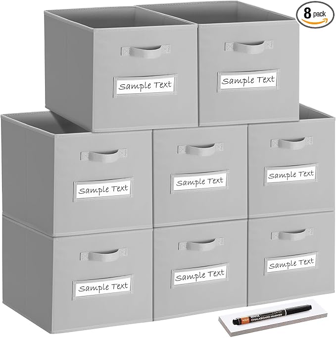 Fabric storage cubes (8 Pack) 11 Inch Cube Storage Bin, cube organizer bins with 8 Labels Window Cards & a Pen, Foldable cube organizer bins and Storage Box, Light Grey