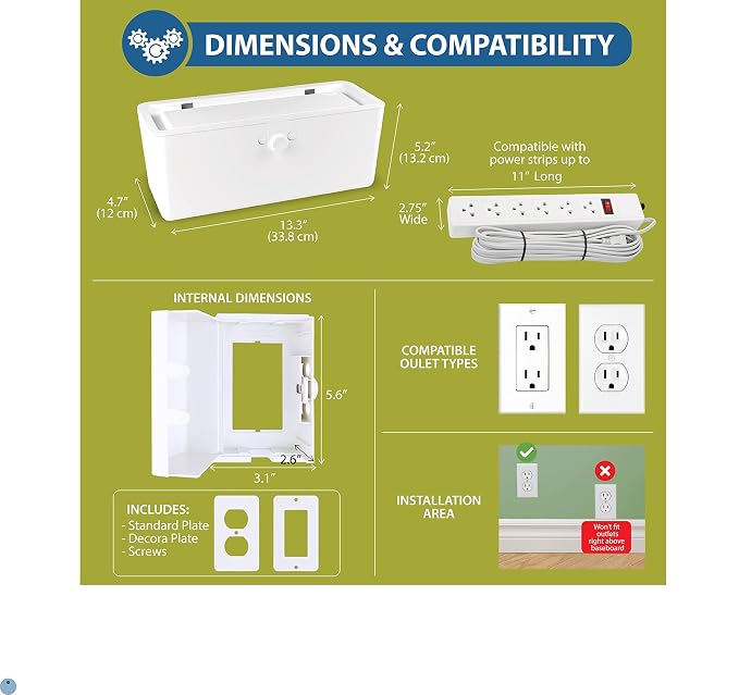 Power Strip Cover and Outlet Cover Box - Effectively Baby Proofs Power Strip on Floor or Wall, Protects Small Hands & Fingers, Cover Box and Outlet Cover Box (White-Bundle)