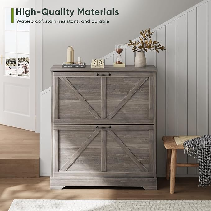 Smart FENDEE Shoe Storage Cabinet with 2 Flip Drawers, Farmhouse Narrow Shoe Cabinet Storage for Entryway, Slim Shoe Rack Cabinet with Wooden Feet, Gery