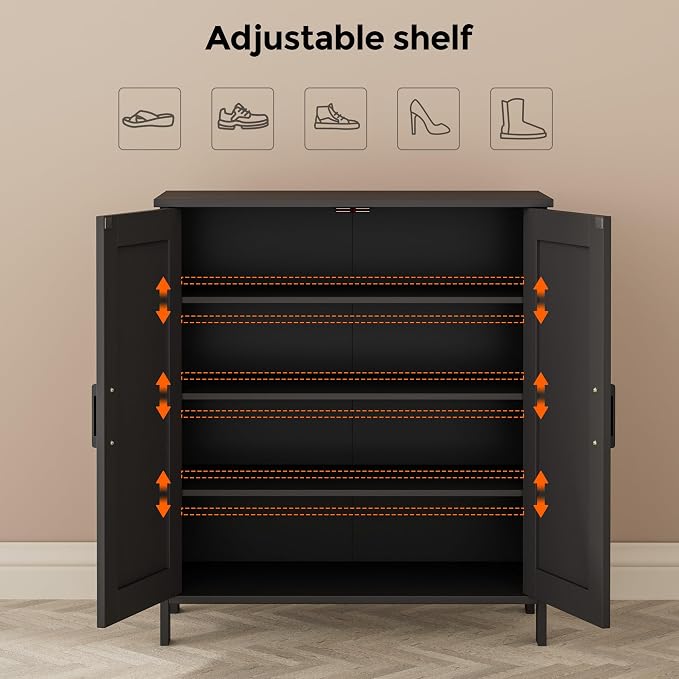 Homleke Farmhouse Shoe Cabinet with 2 Barn Doors & Wood Legs | Tall 4-Tier Shoe Storage Cabinet, 3 Adjustable Shelves, Shoe Rack Organizer, for Entryway, Hallway, Closet, Black