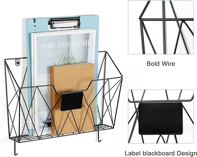 Wall File Organizer, 3 Pack Metal Wall Basket File Holder for Home Office | Vertical Hanging File Organizer, Mail Organizer Wall Mounted Magazine with Label Slot & Hooks, Sorts papers, Mails & Supplies