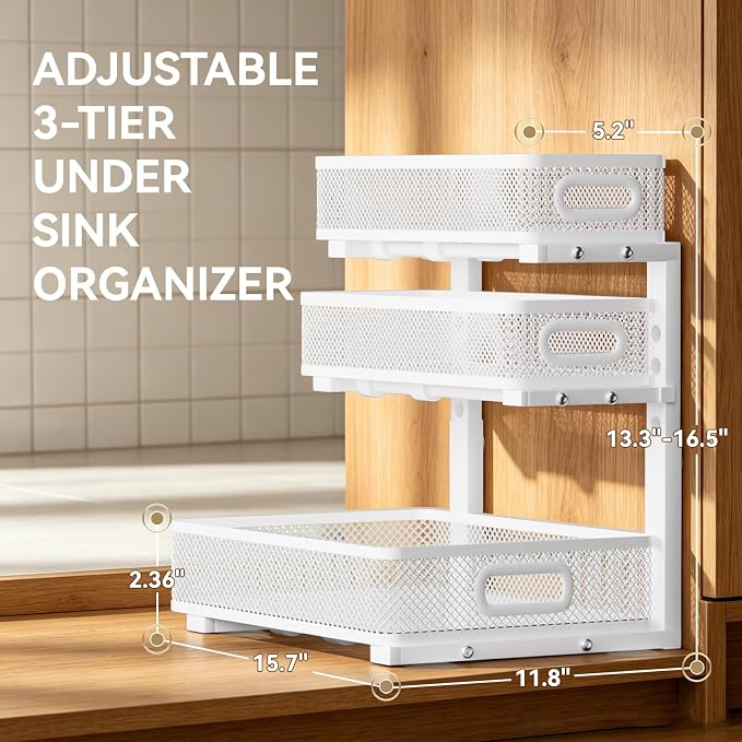 2 Pack 3 Tier Under Sink Organizer with Pull Out Drawer, Height Adjustable Heavy Duty Metal Under Cabinet Organizer, Smooth Sliding Storage Shelf for Kitchen, Bathroom Cabinet Organization, White