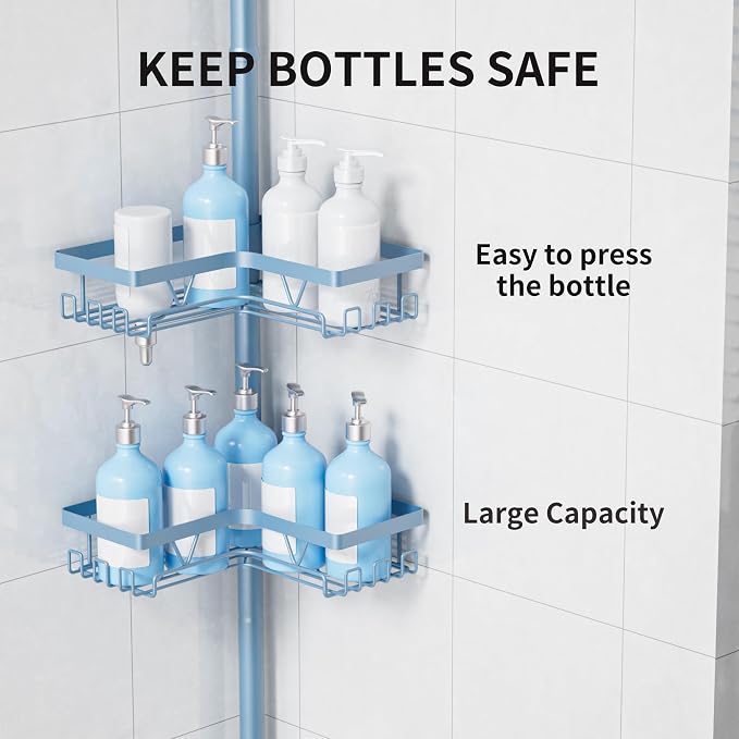 KEGII Shower Caddy Tension Pole, L-Shaped Corner Bathroom Organizer, Blue | Large Capacity 4-Tier Shower Storage with Hooks and Soap Holder, No Drill Rustproof Tension Rod for Renters and Apartments