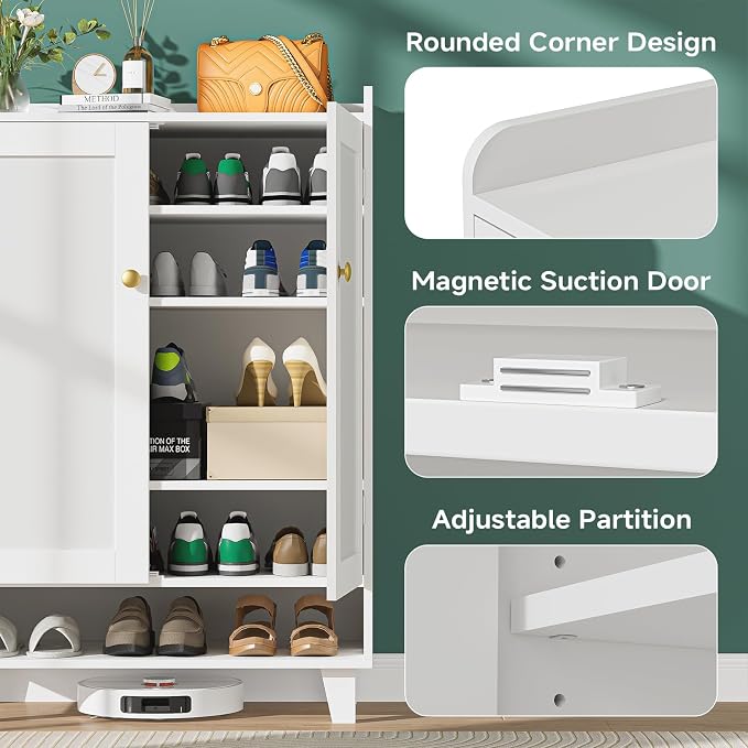 Flat-Shelf Shoe Cabinet with Doors，6-Tier Shoes Storage Cabinet with Adjustable Shelves，Wooden Shoe Rack Shoes Storage Organizer Cabinets for Entryway, Hallway, Living Room