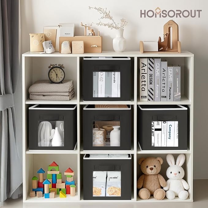 Foldable Storage Cubes - Square Organizer with Window, Decorative Baskets for Organizing, Fabric shelf Basket for Clothes, 11 Inch Closet Storage Cubes, Set of 16, Black