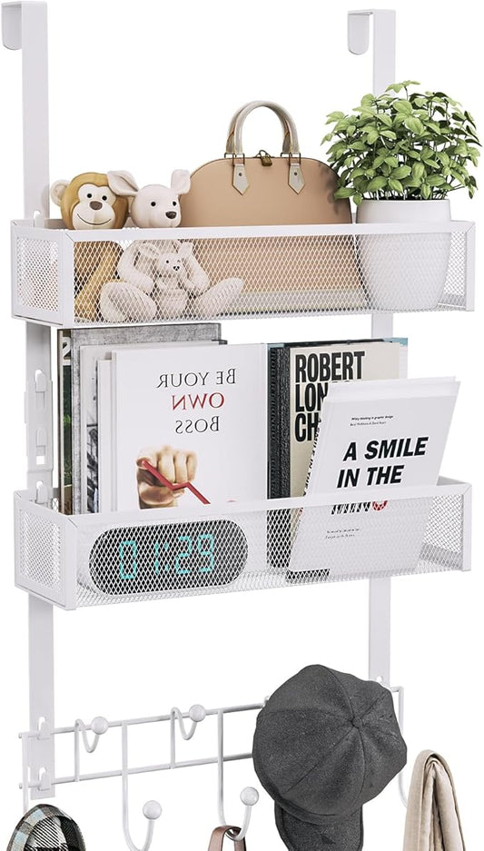 Consumest Over The Door Hooks Organizer - 3 Tier Door Hanger with 9 Coat Hooks & 2 Mesh Basket, Back Storage Organizer Hanging Towels for Bathroom, Bedroom, White