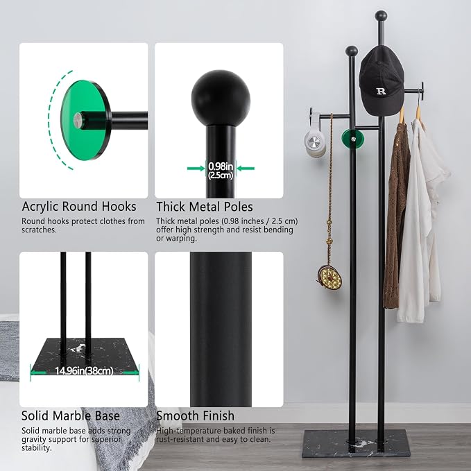 Metal Standing Coat Rack for Entryway Bedroom Living Room (Black) | Easy Assembly, Compact Footprint, Space Saver, Metal Frame, Marble Base, Sturdy, 8 Spherical Hooks, Office, Corner