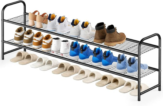 KEETDY 2-Tier Long Shoe Rack for Closet Metal Shoe Organizer for Entryway, Wide Stackable Shoe Storage Shelf with Sturdy Wire Grid for Closet Floor, Bedroom, Black