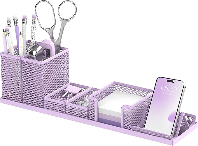 Pen Holder for Desk, 6-Piece Mesh Desk Organizer with Phone Holder, Purple | 6-Piece Black Mesh Desk Set Includes Pen Cups, a Sticky Note Caddy and Phone Holder for Office, School, Home