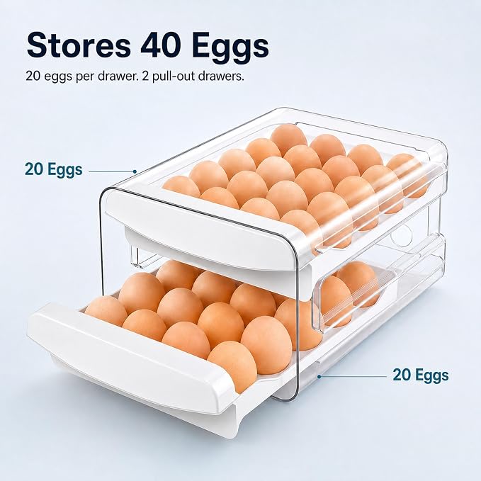 Egg Holder for Fridge, 40-Count Egg Organizer for Refrigerator with Drawers