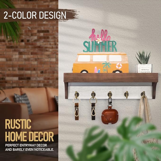 Rebee Vision Key Holder Wall Mount with Shelf for Entryway, Brown & White | 5 Retro Hooks, Two-Tone Rustic Decor, Primitive Wood Mail Organizer, Key Holder for Wall, Decorative Home Accent