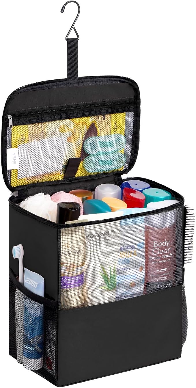 Lifewit Shower Bag Mesh Shower Caddy Portable College Dorm Room Essentials Tote Bag for Bathroom, Gym, Travel, Camping Quick Dry Hanging Shower Organizer Basket Toiletry Bag, Large, Black