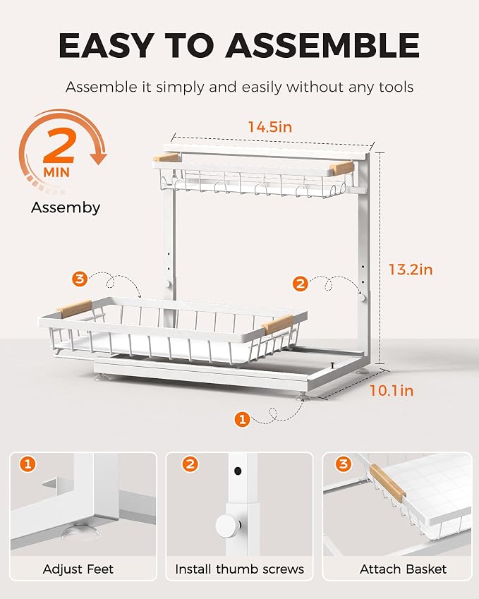 Sevenblue 3 Pack Under Sink Organizer, Height Adjustable 2 Tier Pull-Out Metal Under Kitchen Sink Organizer, Multi-Purpose Storage Shelves for Kitchen Bathroom Cabinet, White