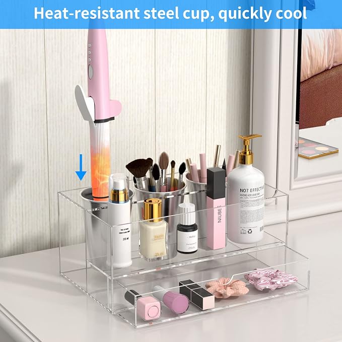 NIUBEE Acrylic Hair Tool Organizer with Drawer, Hair Dryer Holder Organizer | Clear, Hot Tools Organizer Countertop with 3 Cups, Hair Blow Dryer Storage for Curling Iron, Brush, Straightener, Bathroom