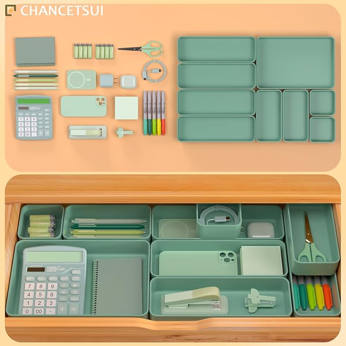CHANCETSUI 9 Pcs Stackable Drawer Organizer Trays Set, Green, Multifunctional Storage for Vanity, Bathroom, Kitchen, Desk Drawer Organizer Office, PET Plastic | Sage Green Shallow Small Plastic Bins for Junk Organization