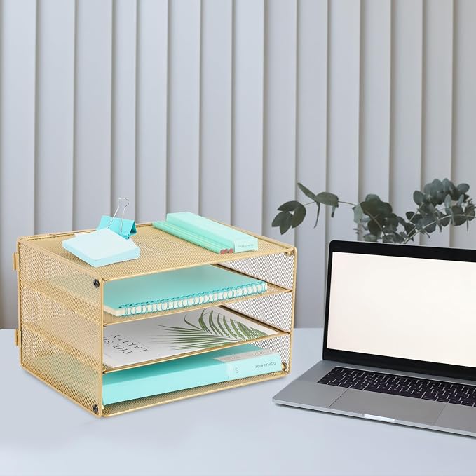Paper Organizer Tray, 3 Tier Mesh Desk File Organizer Letter Sorter Holder for Home Office, Gold