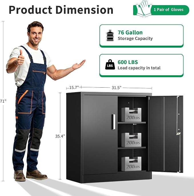 Metal Garage Storage Cabinet, Durable Metal Storage Solution | 35.4" Steel Garage Organizer Cabinet with Doors and Adjustable Shelves, Lockable File Cabinet for Home, Office, Tools