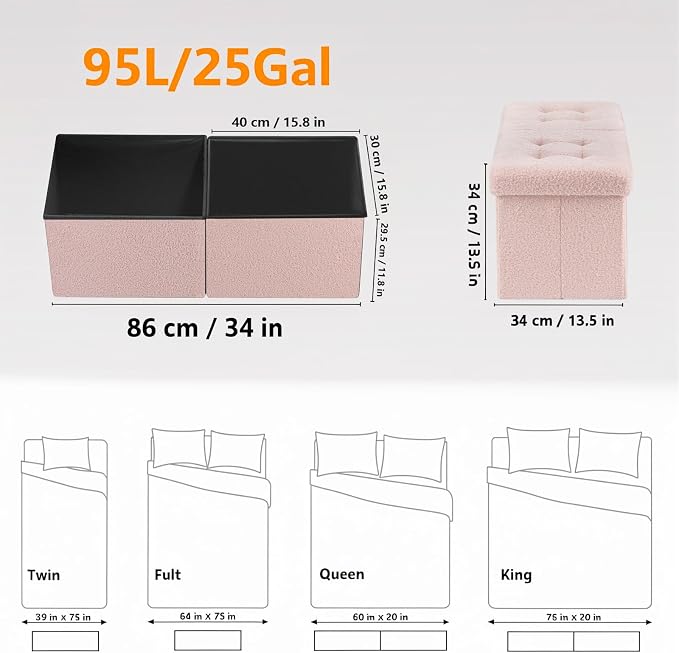AmasSmile Ottoman Storage Bench, 34" Teddy Velvet Folding Stool Pink | Large Ottoman with Storage, Thicker Foam Padded Seat, Livingroom, Dorm, Bedroom, Entryway, Easy to install, 34 x 13 x 13in