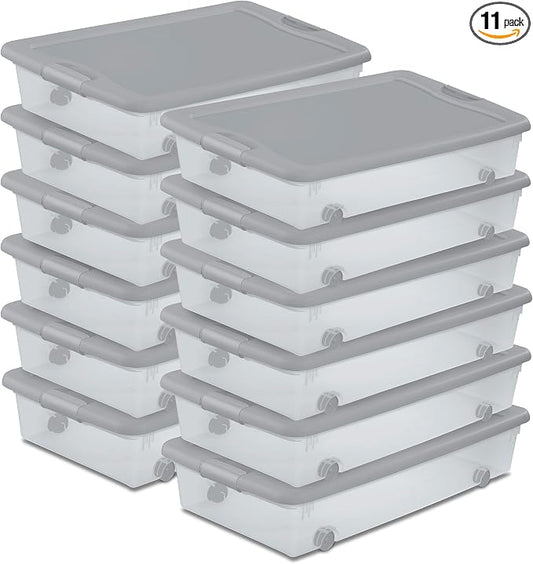 Sterilite 12 Pack Wheeled Under Bed Storage Container, 56 Qt Plastic Bin with Latching Lid for Organization - Clothes & Shoes Organizer, Silver Tint