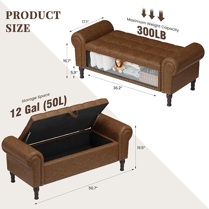 YOUDENOVA 51" Entryway Bench with Storage, PU Leather End of Bed Bench with Tufted Button, Upholstered Ottoman Bench with Rolled Arms for Living Room, Storage Room, Bedroom, Brown