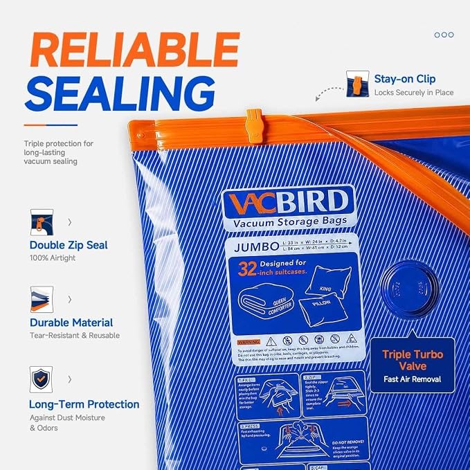 Vacbird Vacuum Storage Bags with Rechargeable Cordless Pump,9 Pack 3 Sizes Compression Packing Seal Bags, Space Saver for Clothes and Clothing Comforters, Blankets, Bedding and Closet Space Saving