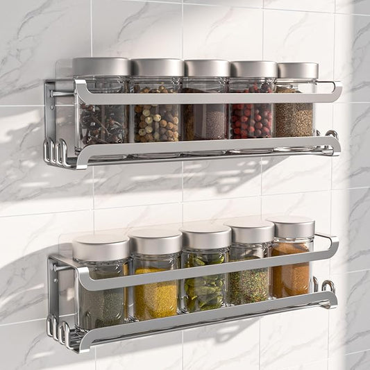 LUCYCAZ 2 Pack Wall Mounted Spice Rack for Spice Jars & Seasonings (Silver) | 8 Metal Hooks, Space-Saving,Screw or Adhesive Spice Shelf Hanging,for Kitchen Cabinet,Pantry Door,RV,Camper Spice Orgnaizer
