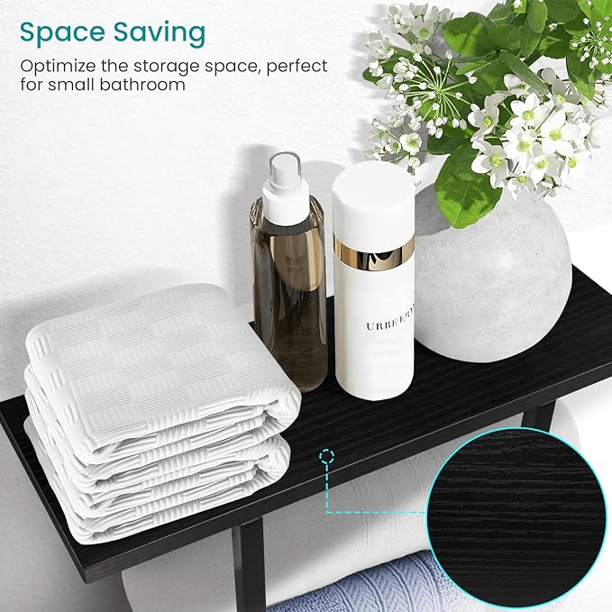 ELITEROO Towel Holder for Bathroom Wall, Wooden Towel Rack Shelf | Hanging Towel Organizer with 3 Hooks for Small Bathroom Storage, Bath Rolled Towel Shelf for RV, Camper, Black