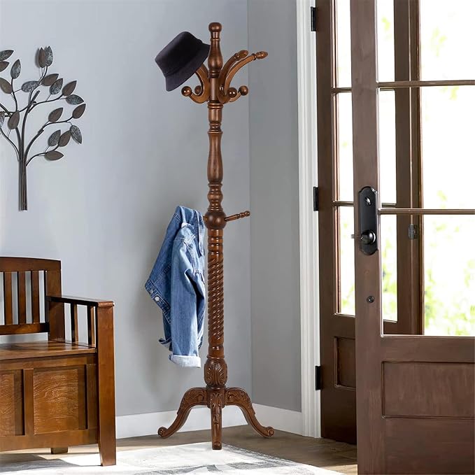 Bekrvio Freestanding Coat Rack Stand with 8 Hooks, 79" | Premium Ash Wood, Heavy Duty Standing Coat Hanger for Entryway, Hallway, Bedroom, Office, Apartment; Hangs Coats, Hats, Bags