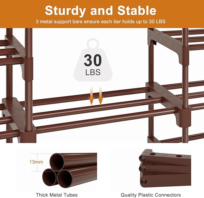 WOWLIVE 9 Tier 3-Column Shoe Rack, 50-55 Pairs Stackable Brown | 50in long for larger entryways. Removable shelves fit tall boots. Split into multiple units for garage/closet.