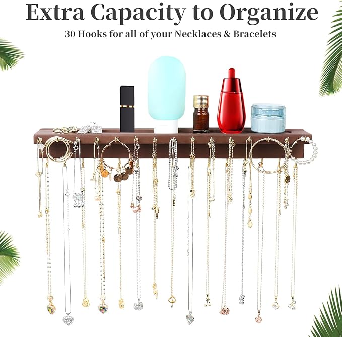 YYILIS Necklace Holder, Upgraded Extra Large Wall Necklace Organizer with 30 Hooks Wall Mounted Necklace Hanger with Jewelry Tray/Cosmetics Shelf Rustic Pine Wood Holder (Walnut) | 30 Hooks Wall Mounted Necklace Hanger with Jewelry Tray/Cosmetics Shelf...