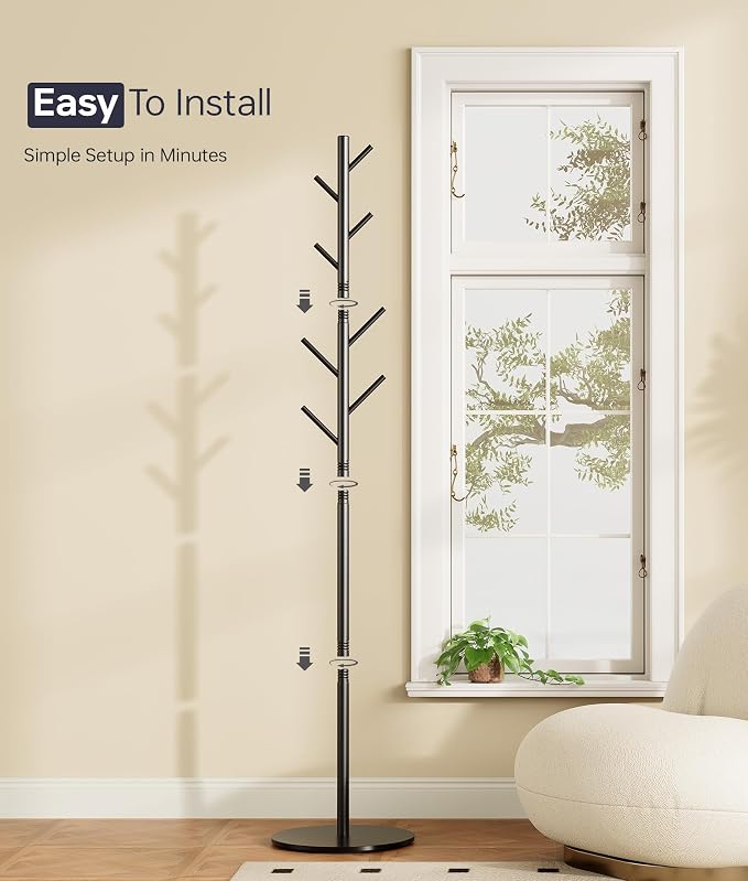 Coat Rack with 8 Hooks, 3 Adjustable Heights, Modern Hall Tree, Sturdy Metal Clothes Stand with Sintered Stone Base for Entryway, Office, Bedroom, for Coats, Hats, Handbags and Scarves, Black