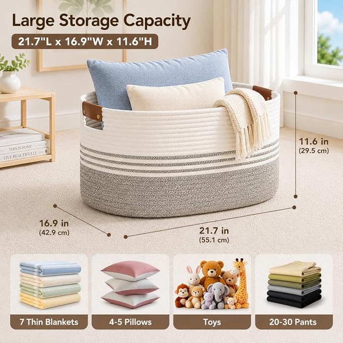 Laundry Hamper with Handles, 72L Rope Laundry Basket, Brown | Cotton rope clothes hamper with leather handles holds blankets, pillows, toys and laundry in nursery, bedroom or living room