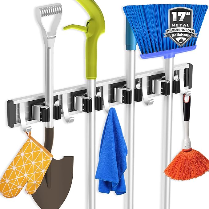 reliahom Broom Holder Wall Mount Mop Hanger Tools organizer 4Racks 5Hooks | Adjustable Mop Broom Wall Hanging Heavy duty Tools Storage Rack Space-saving for Garage,Kitchen,Laundry Room,Garden, Black