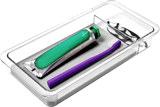 madesmart Drying Stone Drawer Organizer, Clear | diatomite, fast drying surface, divided layout, toothpaste floss, dental items, bathroom counter, woman owned