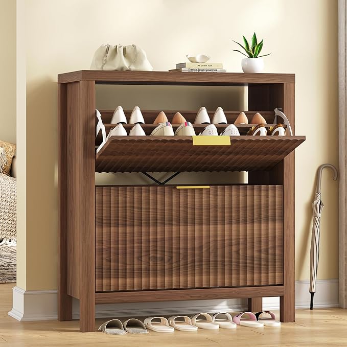 Fluted Shoe Cabinet Storage with 2 Flip Drawers for Entryway, Hallway | Narrow Shoe Rack Freestanding Shoe Organizer with Legs for Entryway，Hallway, Walnut