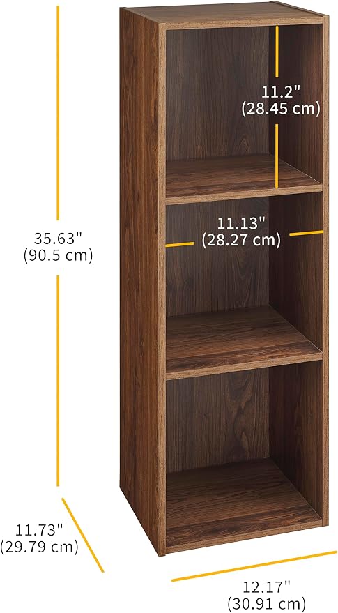 Whitmor 3 Cube Bookcase Storage Organizer, 3 Tier Stackable MDF Bookshelf, Open Storage Display Bookshelf, Storage Cabinet for Living Room, Bedroom, Home, Office, 12.2" L x 11.7" W x 35.6" H, Walnut