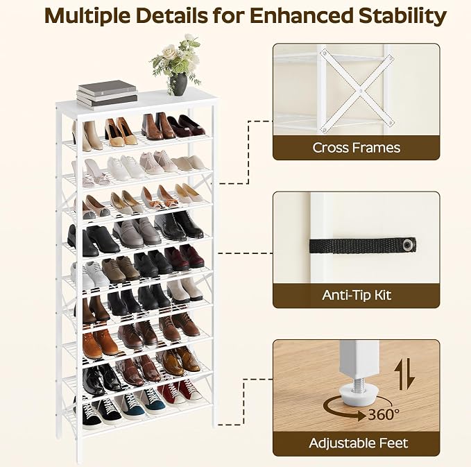 YATINEY 10 Tier Shoe Rack, Large Capacity Shoe Storage Organizer Holds 40 Pairs, Sturdy and Stable, for Entryway, Hallway, Closet, Dorm Room, White SS10WW